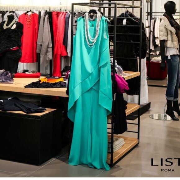 Elegant Womens Teal Layered Jumpsuit By List Roma Boutique Italy Sz 42 With Cape - Picture 3 of 10